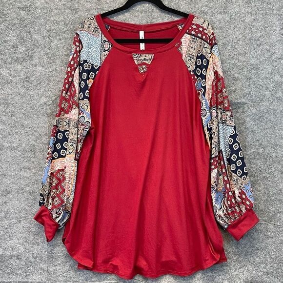 EMERALD Top 3XL Red Rayon Blend Patchwork Long Balloon Sleeve Raglan Blouse EUC - Picture 2 of 14
